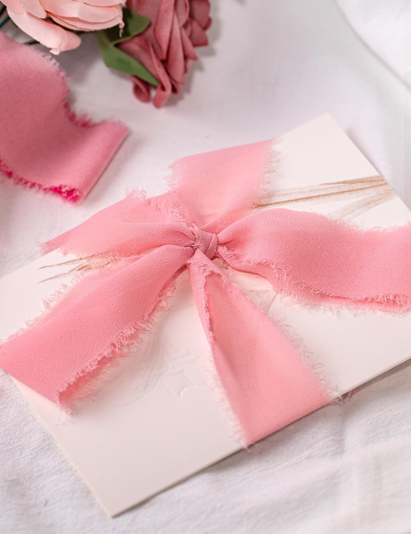 Chiffon Ribbon, Hot Pink Pastel Pink 1.5&#x27;&#x27;x21Yd Frayed Fringe Silk Ribbon for Gift Wrapping, Handmade Ribbons for Floral Vase, Halloween, Wedding, Birthday, Engagement, Bridal Shower, 3 Rolls