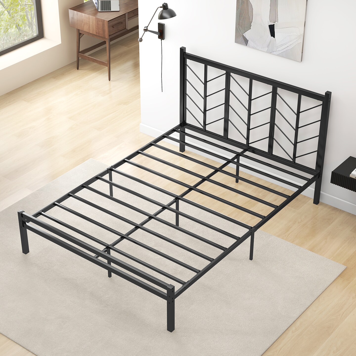 Black Platform Bed with Branches Shape Headboard Design and Metal Frame