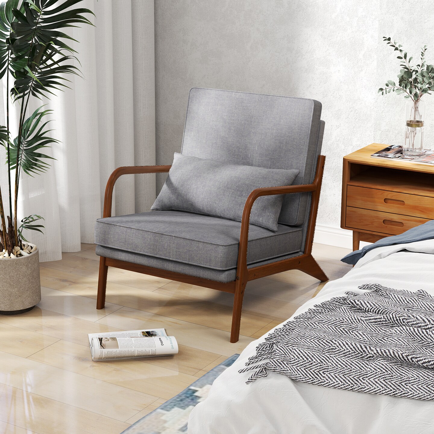 Modern Accent Chair with Rubber Wood Armrests, Removable Back, Comfortable Seating