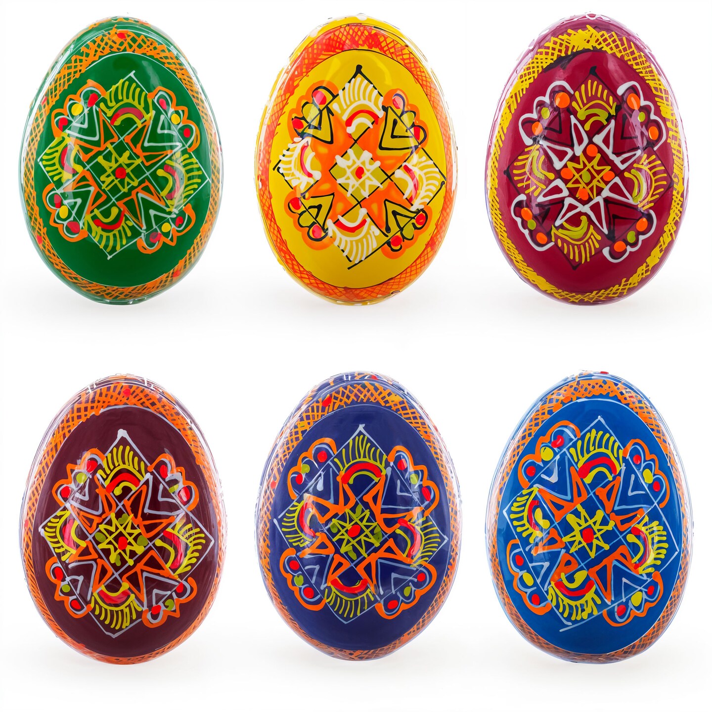 Set of 6 Folk Art Patterns Wooden Ukrainian Easter Eggs 2.5 Inches