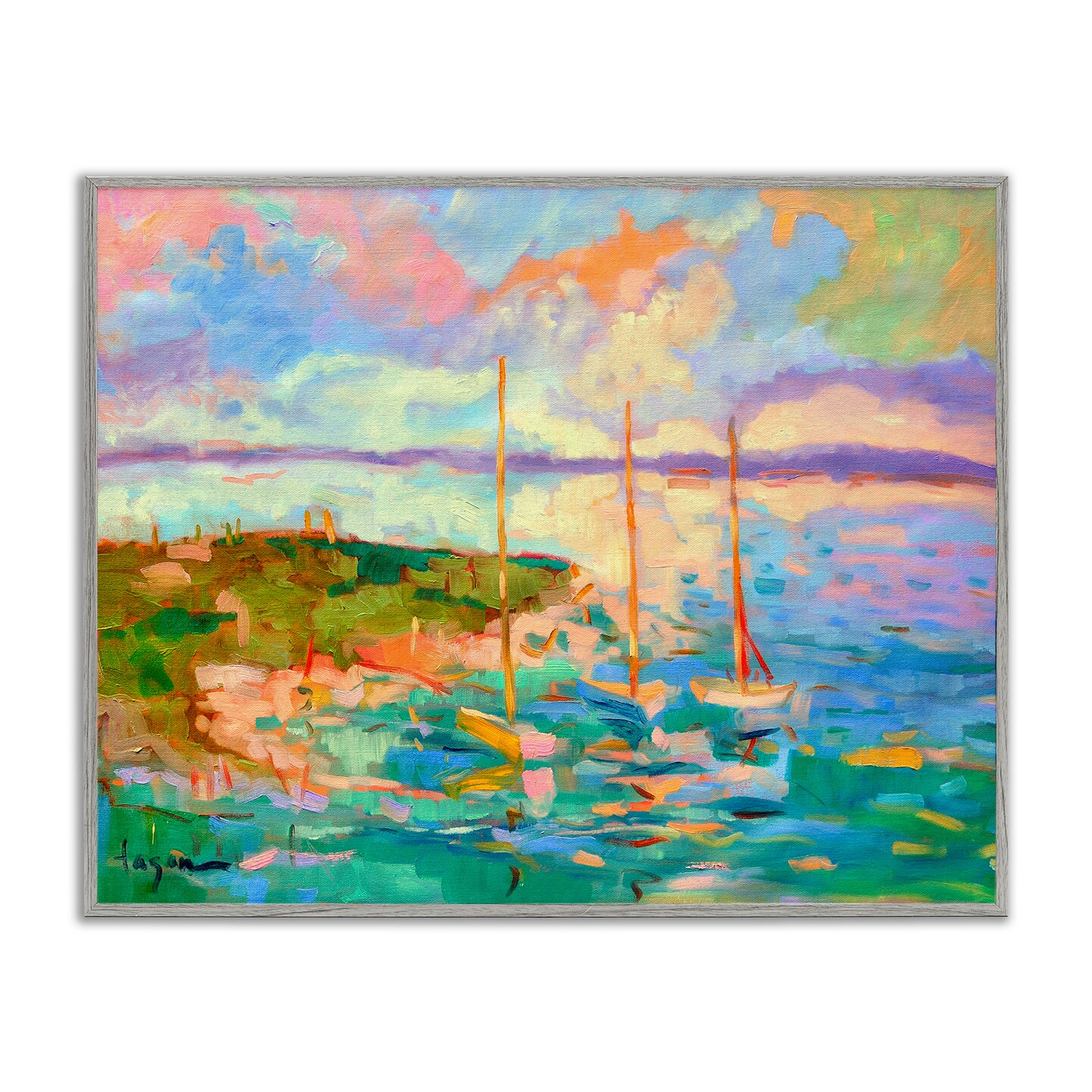 Stupell Industries Vivid Abstract Coast with Boats Framed Giclee