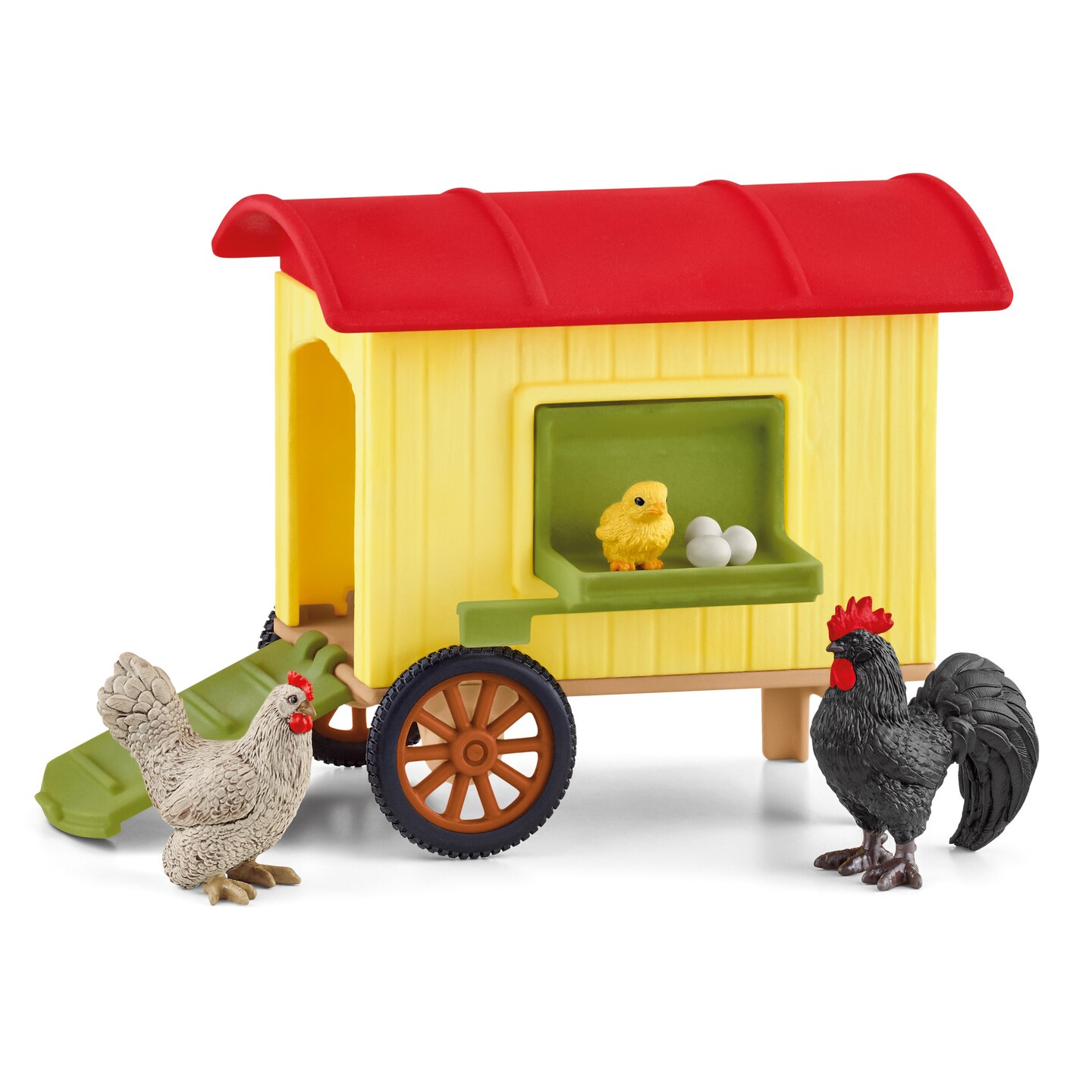 Schleich Farm World: Mobile Chicken Coop - 12 Piece Playset - Realistic Figures, Rooster &#x26; Chick with Coop &#x26; Eggs, Pretend Play, Kids Age 3+