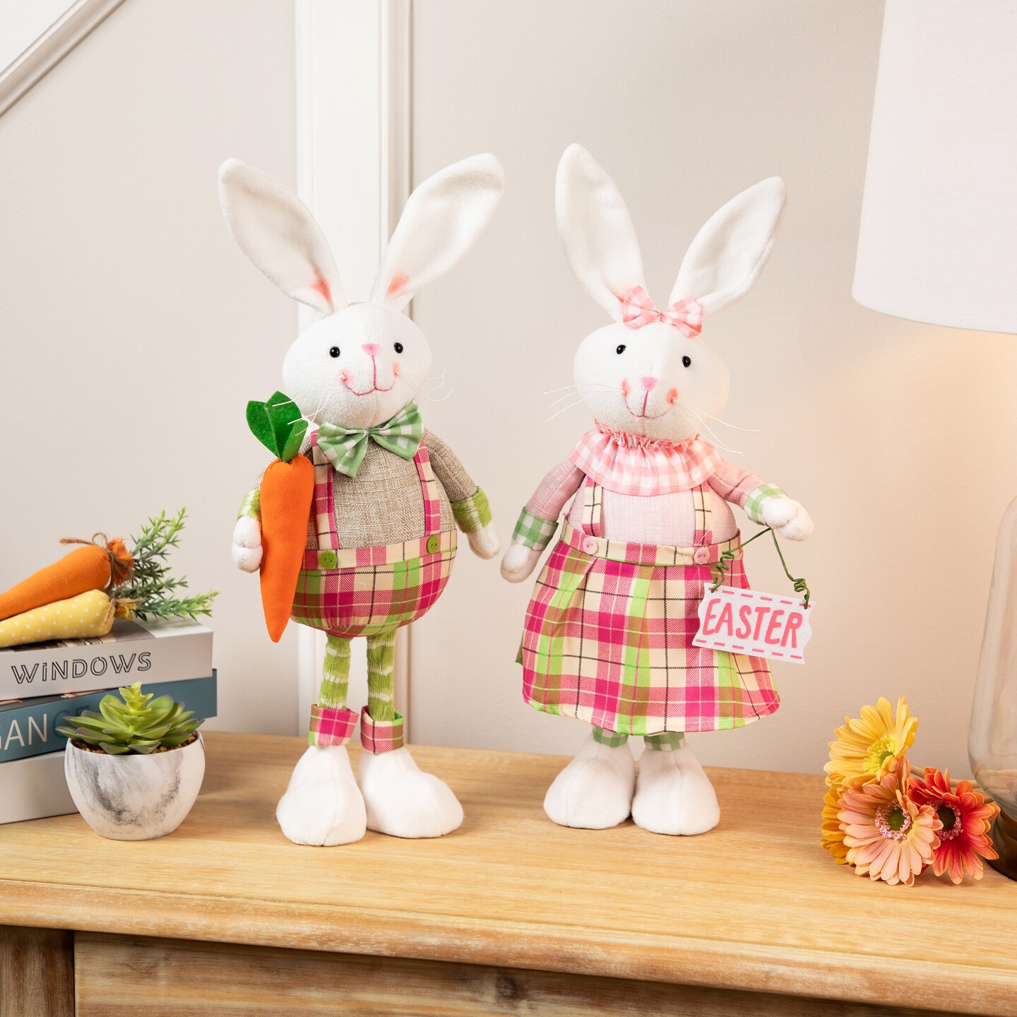 Northlight Bunny Rabbit Figurines with Easter Sign Spring Decorations - 19&#x22; - Pink and Green - Set of 2