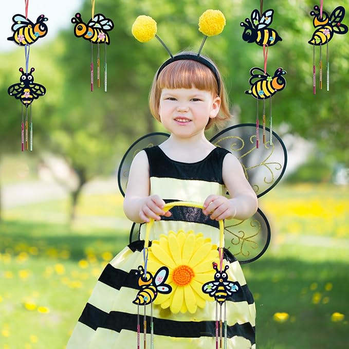 10 Pack Bee Wind Chime Kit for Kids Make You Own Honey Bee Wind Chimes Ornaments DIY Coloring Wooden Art and Craft for Insects Spring Art Activities Birthday Party Decorations