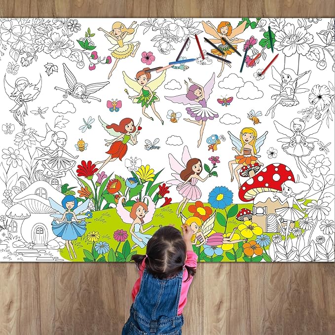 Poster for Kids Giant Coloring Poster Large Fairy Party Flower Coloring Tablecloth Jumbo Coloring Books for Kids Classroom Home Birthday Party Supplies Favor