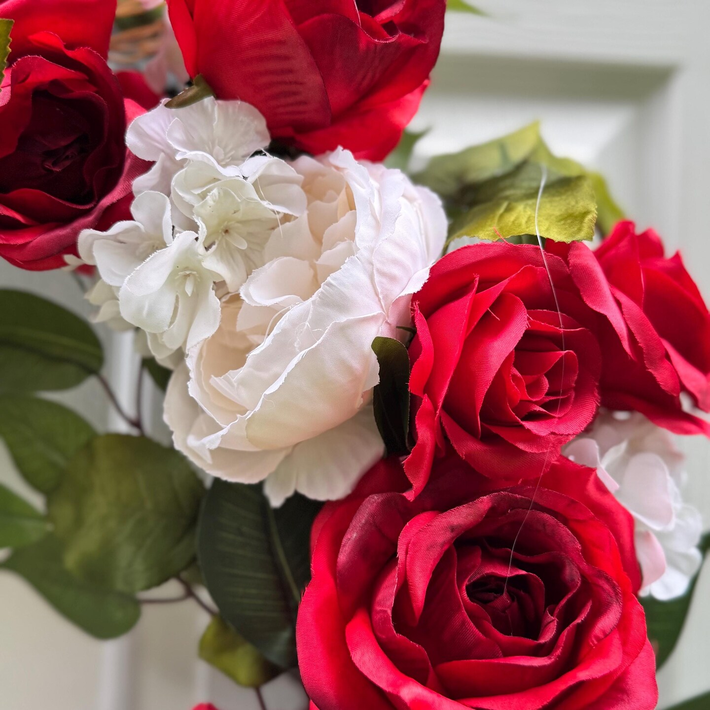 Red and White Rose Wreath for Front Door, Grapevine Floral Wreath