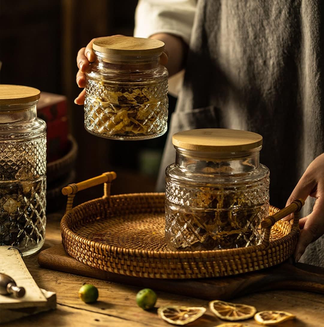 Glass Storage Jars Vintage Embossed Canisters Food Cereal Storage Containers with Bamboo Lid, Decorative Jars for Kitchen Counter,Pantry,Set 3-Piece Glass Jars in 60 oz/40 oz/20 oz (Round)
