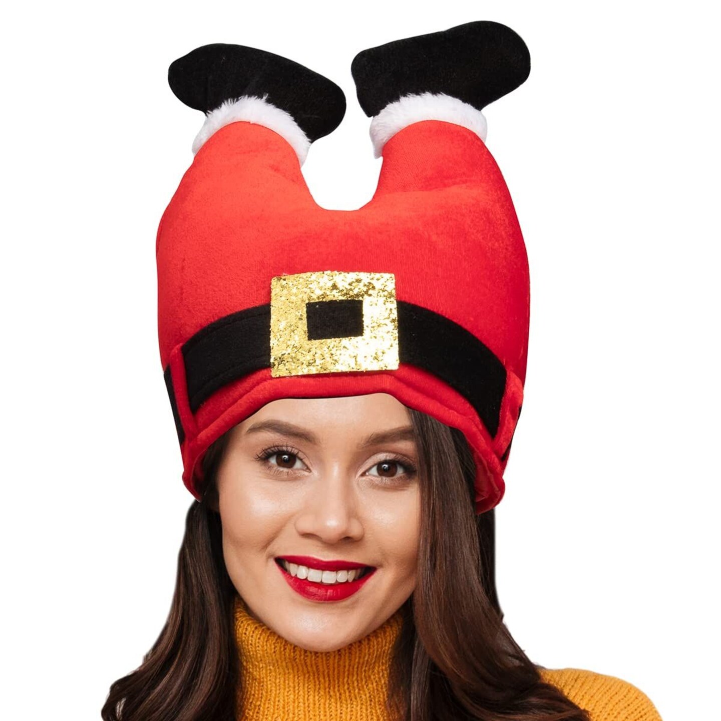 Simply Genius Santa Legs Hat, Humorous 13” Inverted Santa Claus Legs Hat, Funny Santa Hat for Christmas Decor, Parties and Events, Red Festive Santa’s Silly Hat with Classic Belt Buckle, Ideal Gift