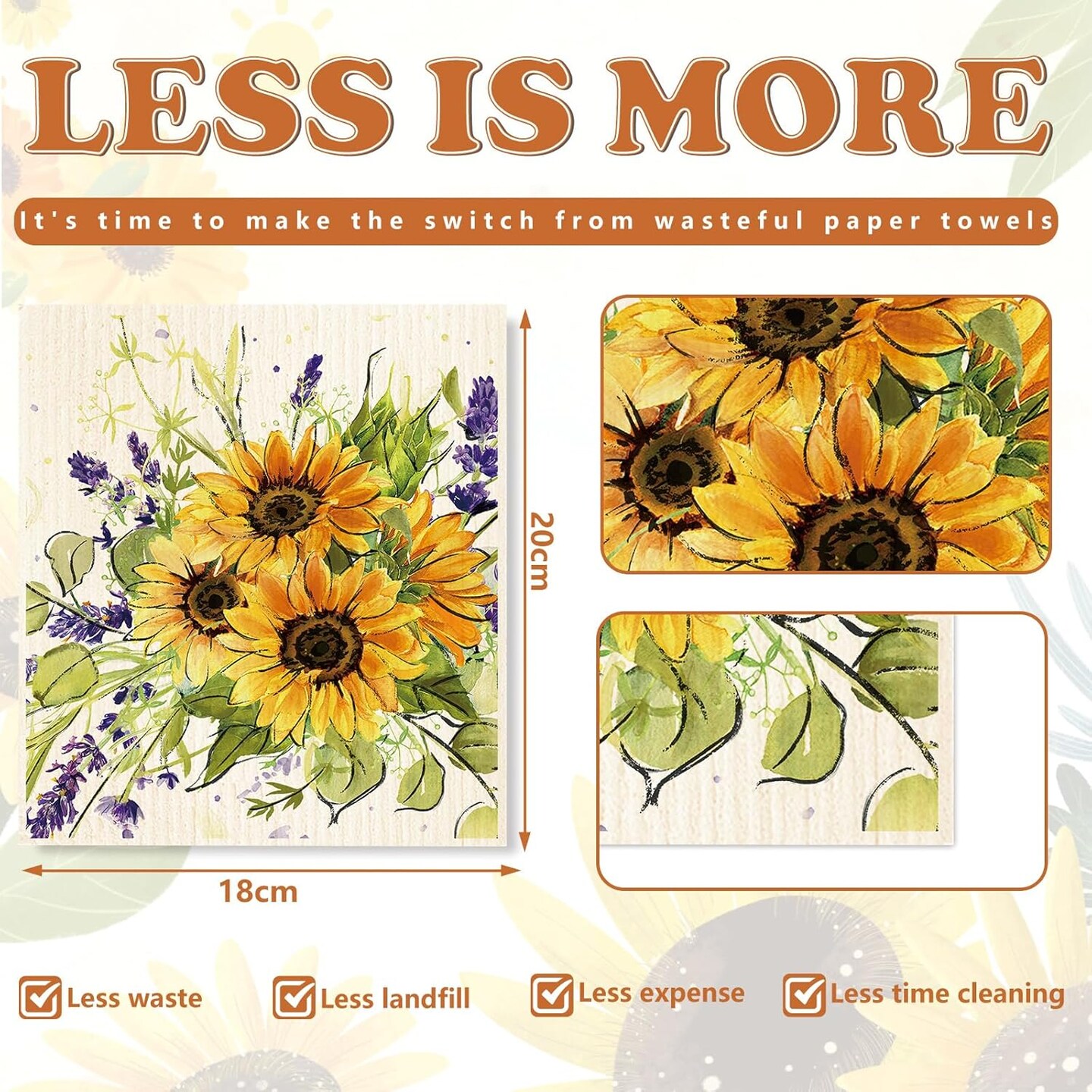 4Pcs Watercolor Sunflower Swedish Kitchen Dishcloth Summer Floral Cotton Kitchen Towel Reusable Absorbent Dish Towel for Home Kitchen Housewarming Cleaning, 7 x 8 Inch