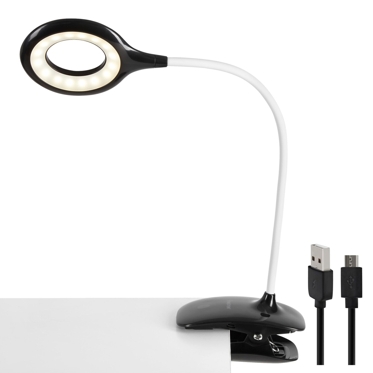 LED Desk Lamp, Bright Table Lamp, Clip-On, Rechargeable, Flex Neck, Touch Control, 3 Brightness Levels, 240 Lumens (Black)