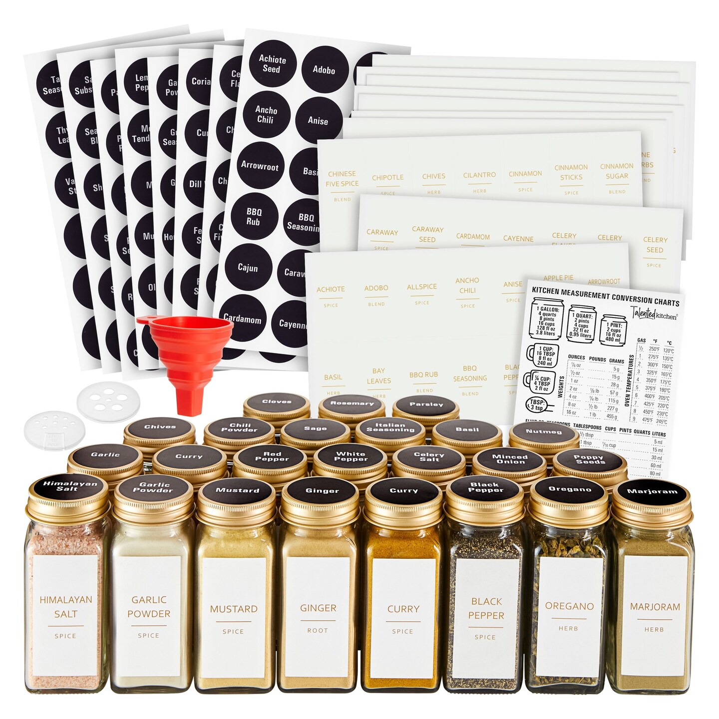 Talented Kitchen 24 Pack Glass Spice Jars with 284 Preprinted Label Stickers in 2 Styles, 4 oz Empty Square Seasoning Jars with Shaker Lids & Gold Metal Caps