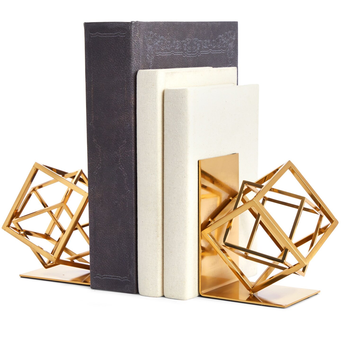 Decorative Gold Bookends with Square Metal Geometric Design, for Books, Magazines, Journals, Modern Home and Office Table or Desk Decor, Slip-Resistant Pads (5x6x3 in)