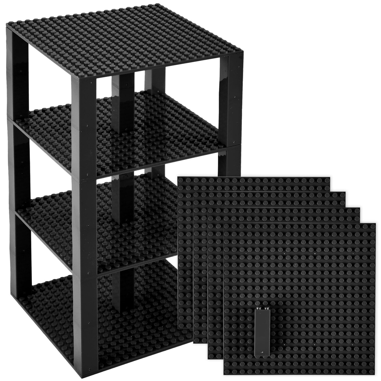 Strictly Briks Classic Stackable Baseplates, Building Bricks For Towers, Shelves, and More, 100% Compatible with All Major Brands, Black, 4 Base Plates &#x26; 30 Stackers, 6x6 Inches
