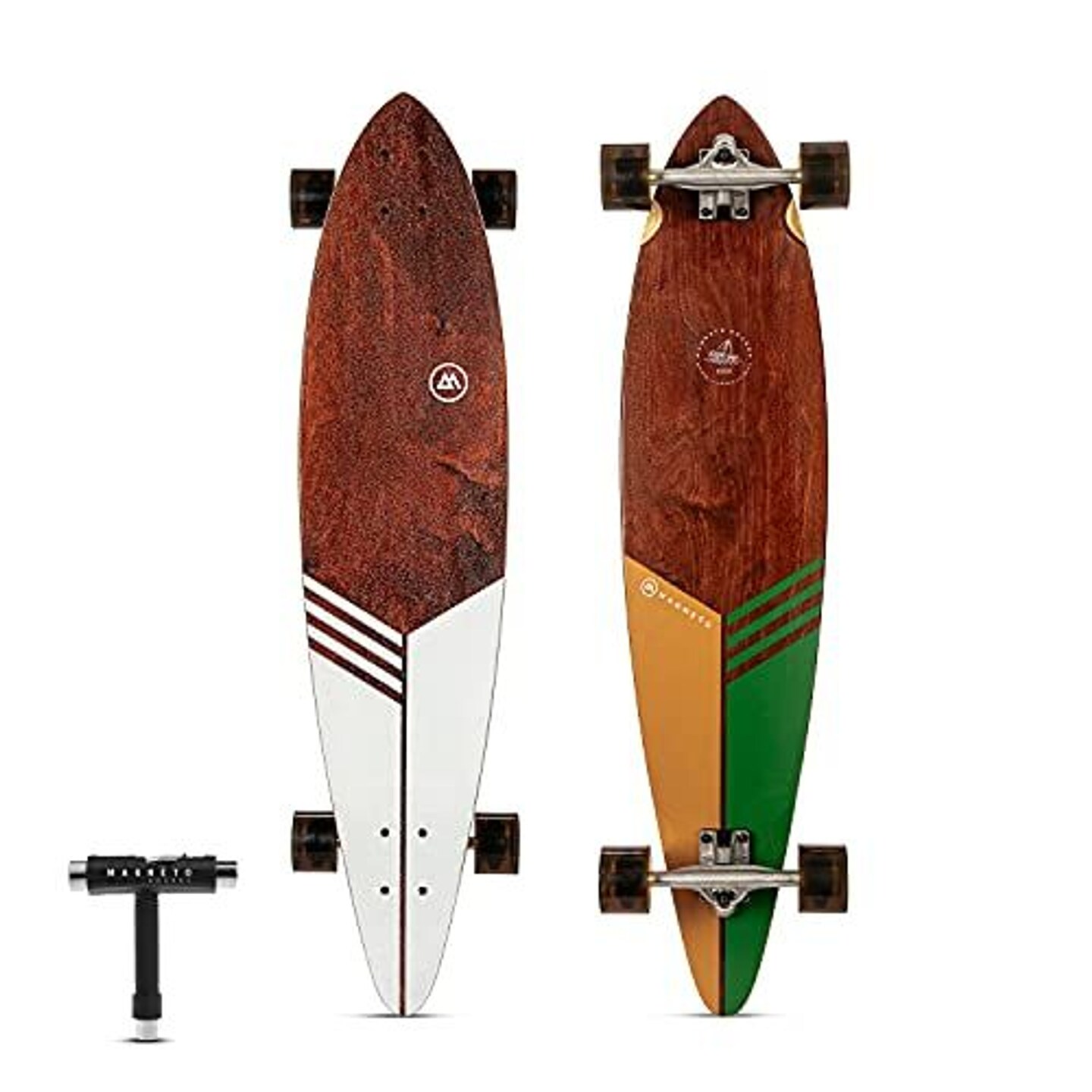 Magneto Longboard Pintail Cruiser Skateboard - 40 in Bamboo Pintail Deck, White & Brown - Surfboard Shaped Cruising Longboard with 70mm 78A Wheels for Adults & Teens