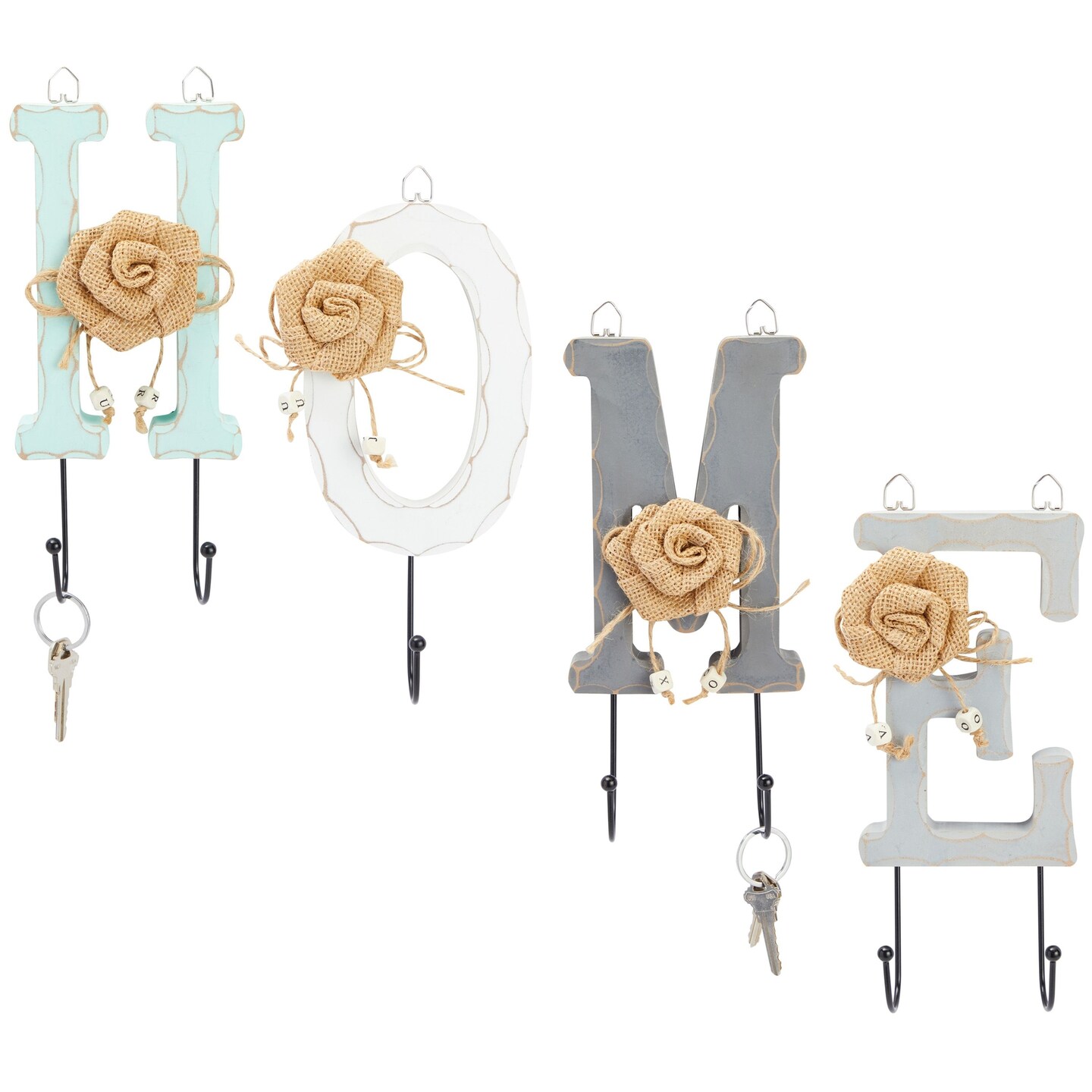Home Key Holder with 7 Pegs, Wooden Letters with Burlap Flowers for Rustic Entryway Wall D&#xE9;cor (4 Colors)
