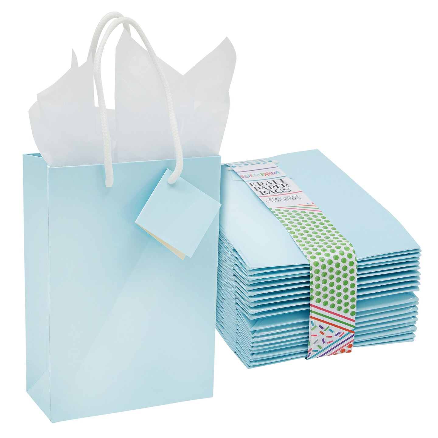 20 Pack Small Blue Gift Bags with Handles, Tag, and Tissue Paper Sheets for Baby Shower, Valentines, Birthday, Wedding, Anniversary Party Favors, 7.9x5.5x2.5 in