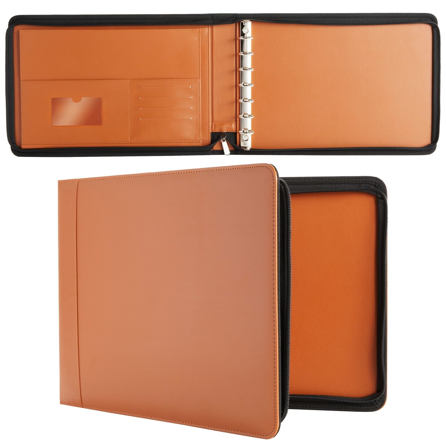 7-Ring Business Check Binder with Zipper for Checkbooks Organization, Brown Zippered Portfolio Organizer, Professional PU Leather Folder Holder for Documents, Cards (15 x 11 x 0.01 inches)