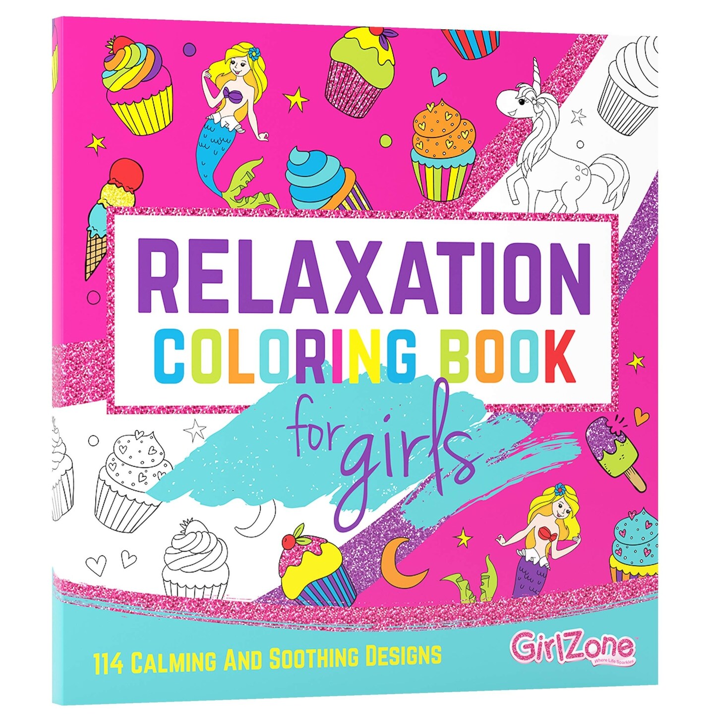 GirlZone Relaxation Coloring Book for Kids Ages 4+, Arts and Crafts Unicorn Coloring Books with 114 Fun Designs like Cupcakes, Mermaids and Sea Animals for Teen Girls, Ideal Christmas Gift