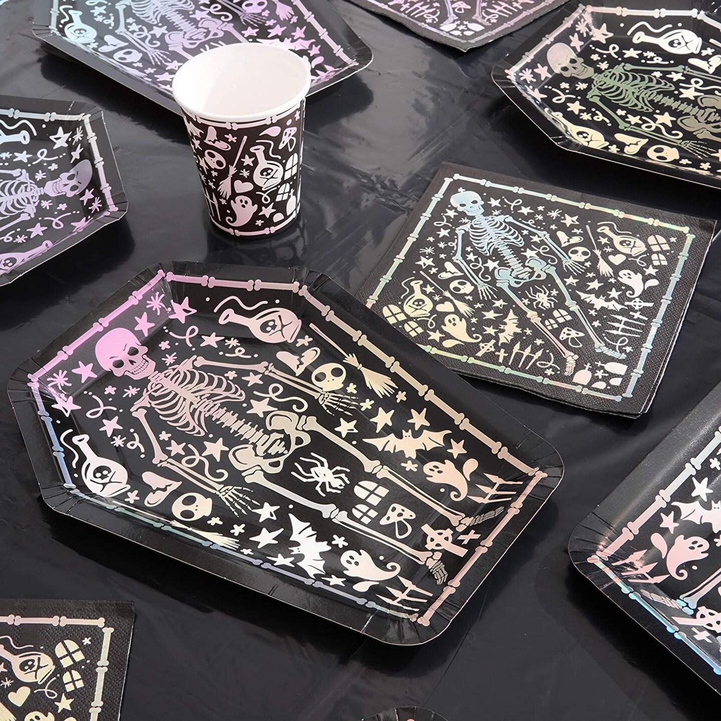 Spooky Central 48-Pack Skeleton Coffin Halloween Plates, 10-Inch Disposable Spooky Plates, Cute Coffin Paper Plates for Black Halloween Party Supplies, Vintage Skeleton Design
