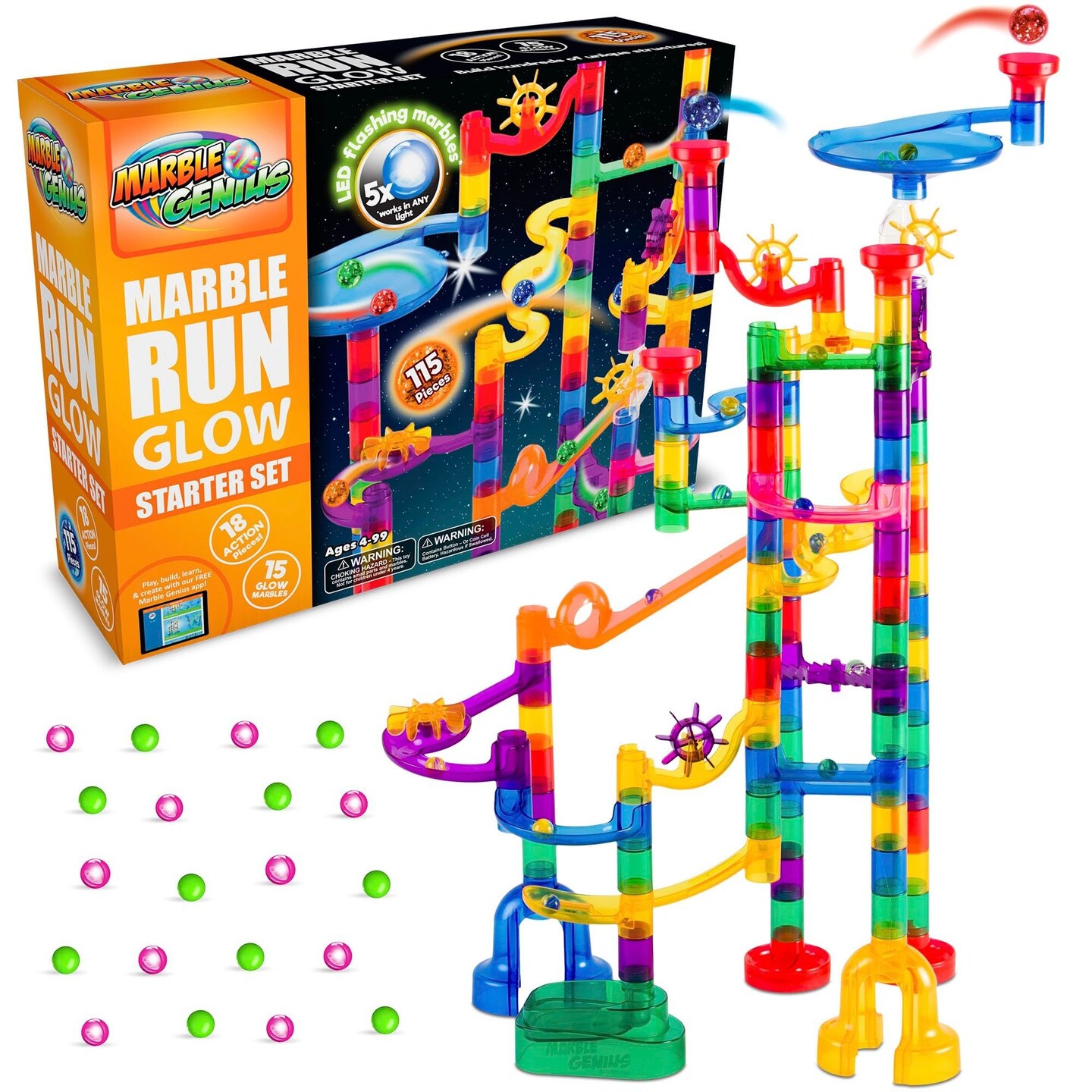 Marble Genius Marble Run Glow Starter Set - 115 Pieces, Multicolor, Ages 4+ - Race Track & STEM Building Set with Light-Up Bricks for Kids 4-8