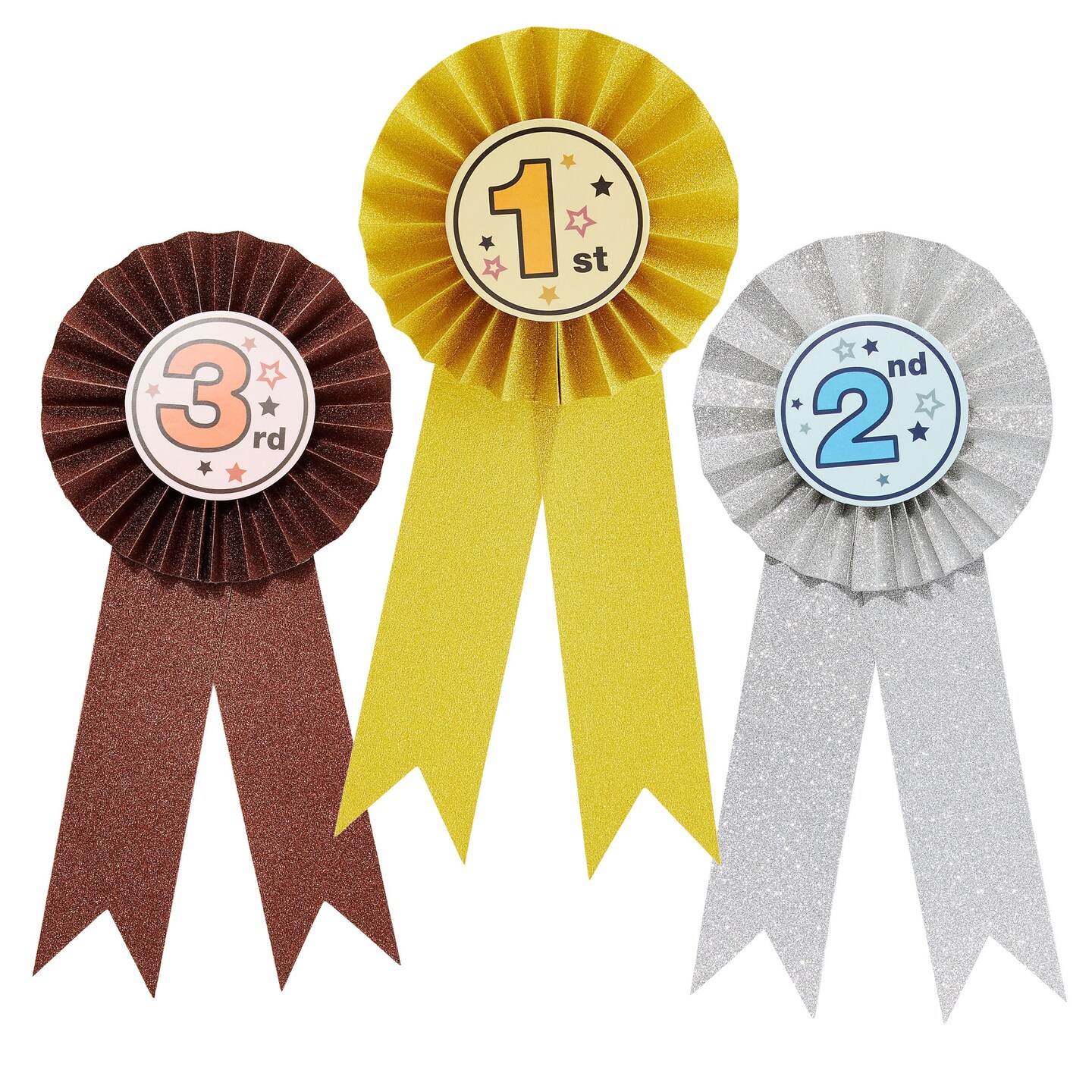 24-Pack Award Ribbons, 1st, 2nd, and 3rd Place Recognition Awards, Rosette Victory Ribbons for Sports Event, Spelling Bees, School Science Fairs, Talent Shows Contest (Gold, Silver, Bronze)
