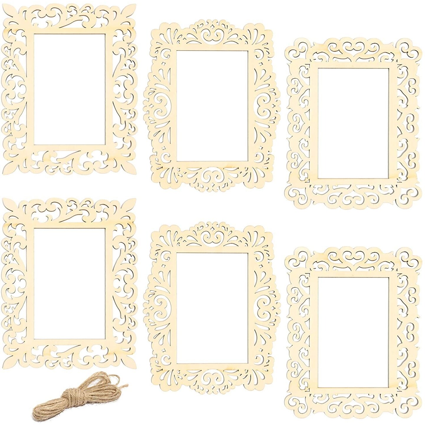 Unfinished Wooden Picture Frames for Crafts with Cutouts and String (6 Pack)