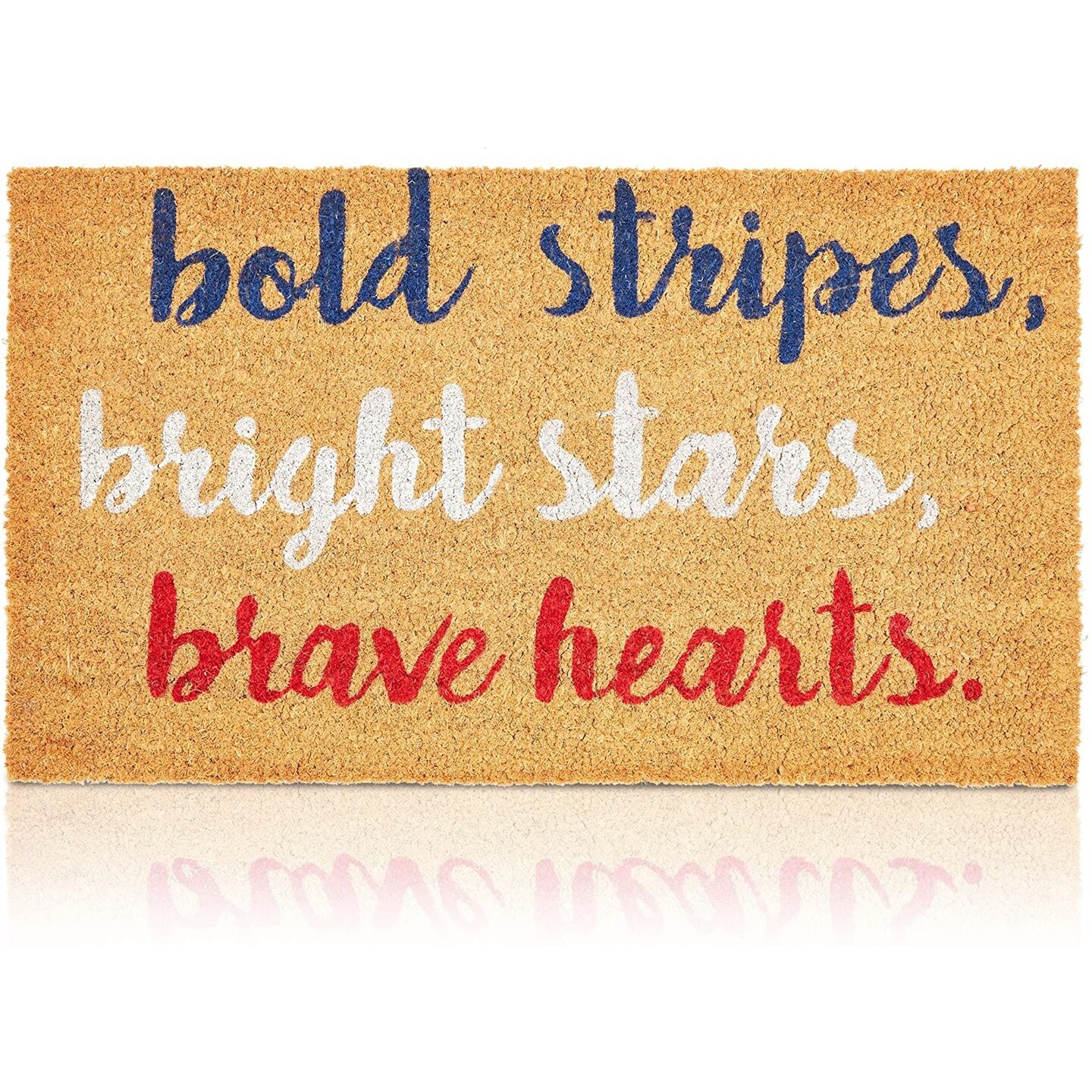 Juvale Coco Coir Door Mat, 4th of July Porch Rug, Non-Slip Outdoor Welcome Mat for Front Door, Patio, Porch, Entryway, Bold Stripes, Bright Stars, Brave Hearts Text, Patriotic Decorations, 30 x 17 in