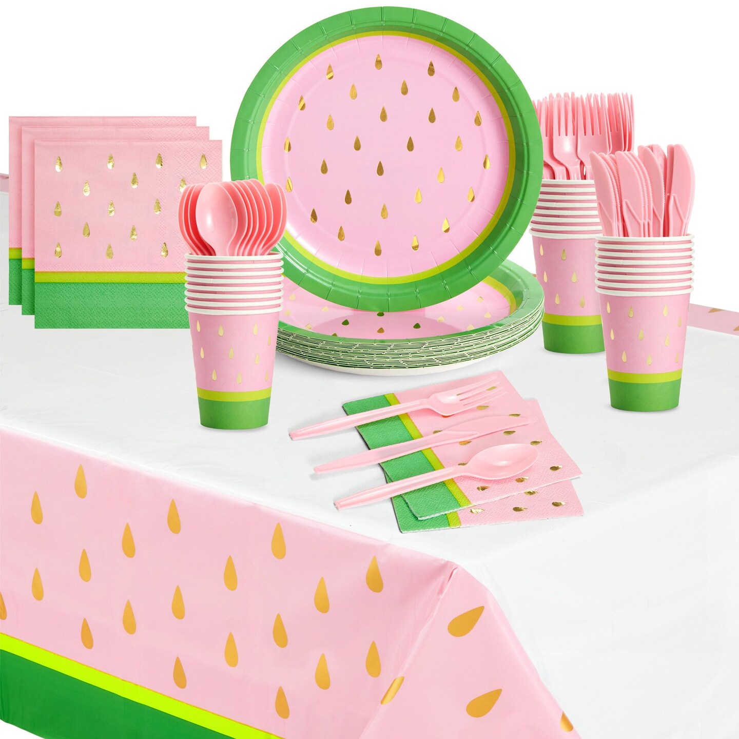145-Pieces Pink Watermelon Party Supplies for Birthday, Baby Shower, Summer Decorations, Set includes Paper Plates, Napkins, Cups, Cutlery, and Tablecloth (Serves 24)