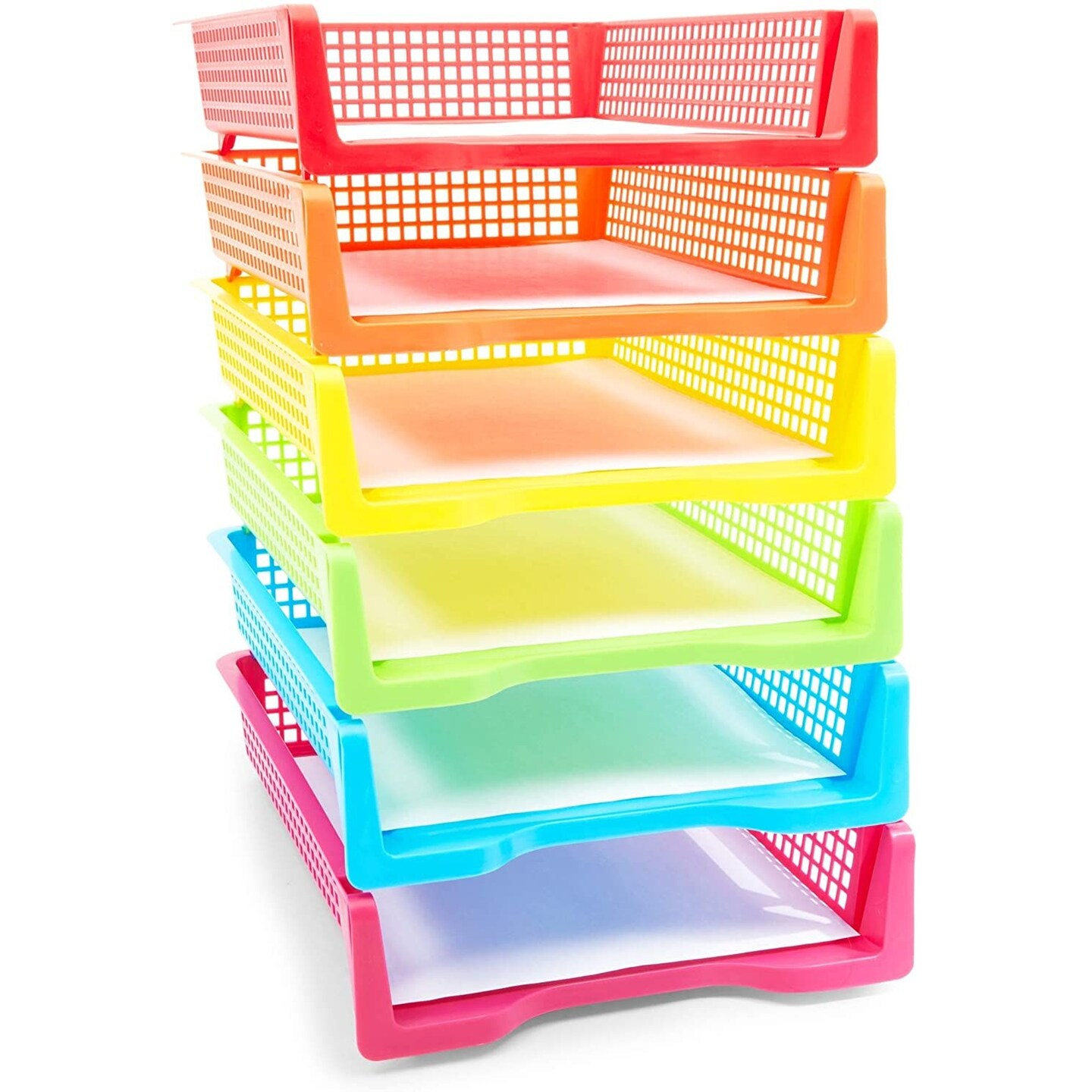 Set of 6 Rainbow Turn In Trays for Teachers, Plastic Classroom Paper Organizers, Colorful Storage Baskets for Office (10 x 3 x 13 In)