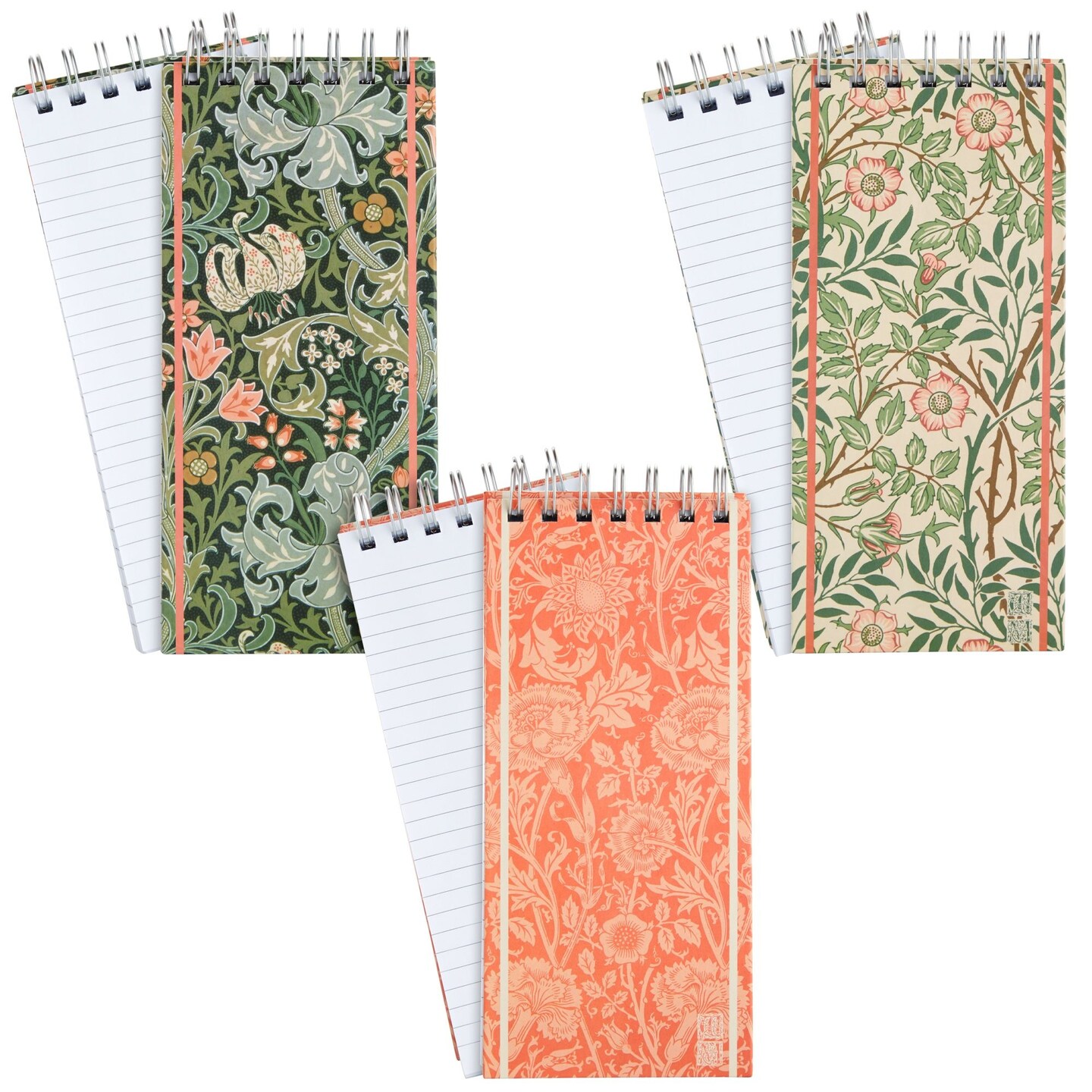 3 Pack Top Bound Spiral Notebooks, Hard Cover Skinny Notepads, William Morris Inspired (100 Sheets/200 Pages, 8.4x3.75)