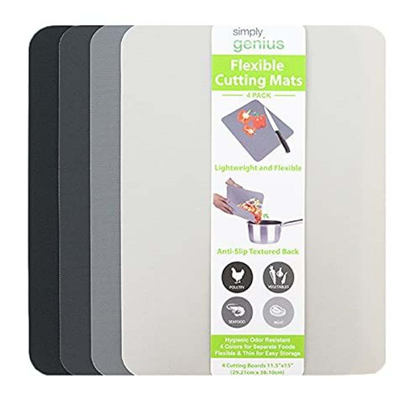 Plastic Cutting Board Mats, 11.5 x 15 Inches, Color Coded Chopping Board Set - Durable &#x26; Non-Slip Cutting Board for Kitchen, Ideal for Cutting Meat &#x26; Vegetables, Gray, 4-Pack