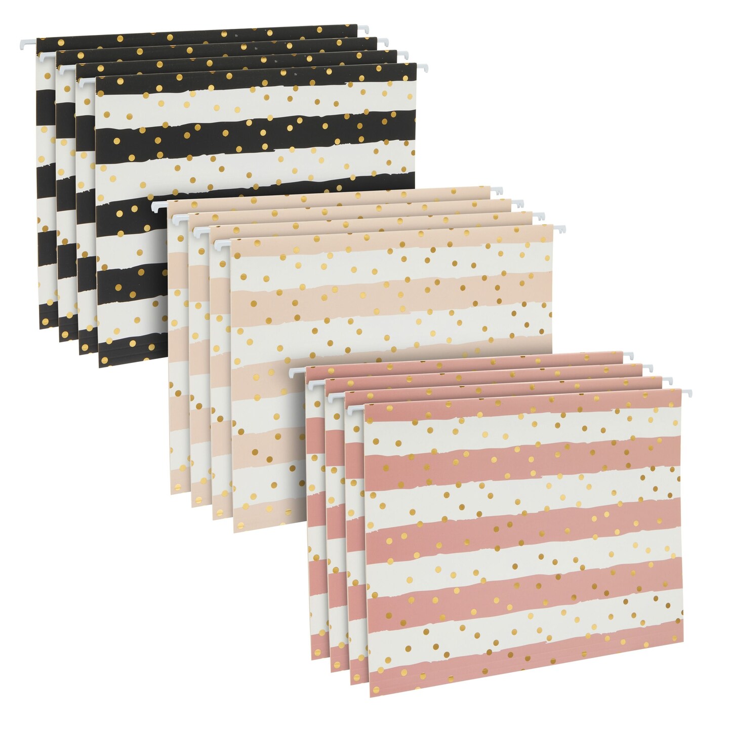 12 Pack Striped Decorative Hanging File Folders with 1/5 Tab for File Cabinet, Gold Foil Dots (3 Colors, 11.75 x 9 In)
