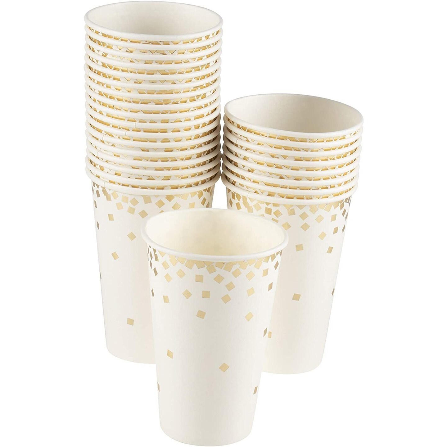 Confetti Party Paper Cups - 50 Pack Gold Foil Disposable Paper Cups, Party Supplies and Decorations for Kids Birthday, Wedding, Bachelorette Party, Baby Shower, White and Gold, 12 Ounce