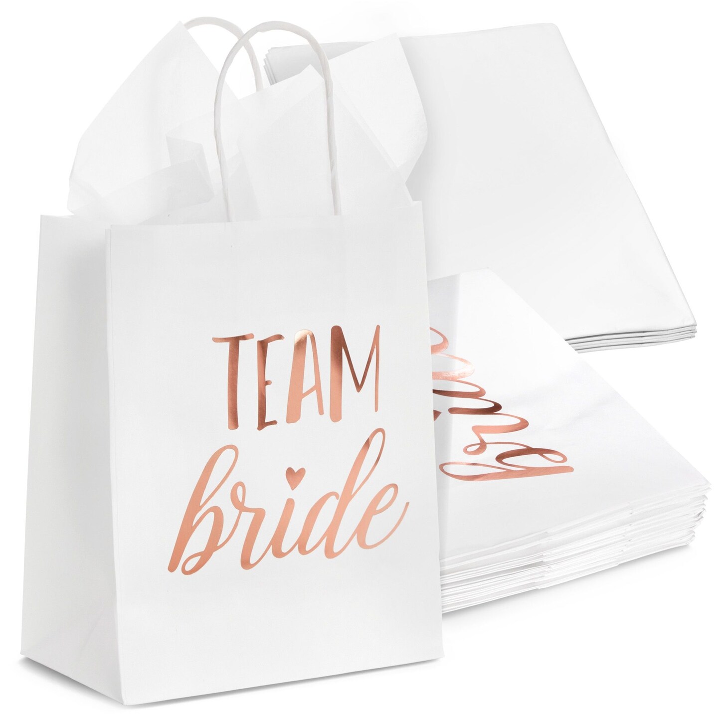 15-Pack Team Bride Gift Bags with White Tissue Paper for Bridesmaid Proposal, Bridal Shower, Wedding Party Favor Bags with Handles, (Rose Gold Foil, White, 8x4x9 in) 223193014665592867