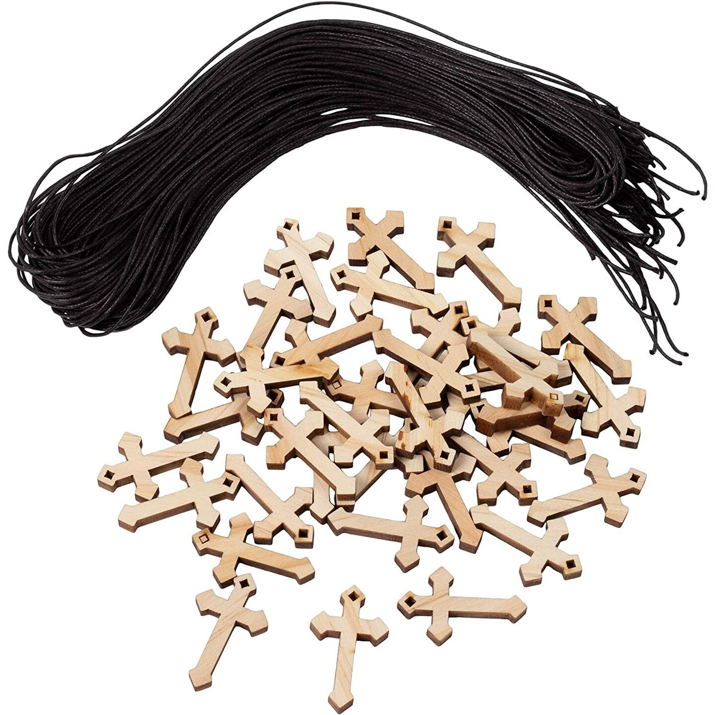 Genie Crafts 36 Pack Bulk Mini Wooden Cross Pendant Necklaces for Easter Gifts, DIY Wood Arts and Crafts (1.375 x 0.8 x 0.2 Inch)
