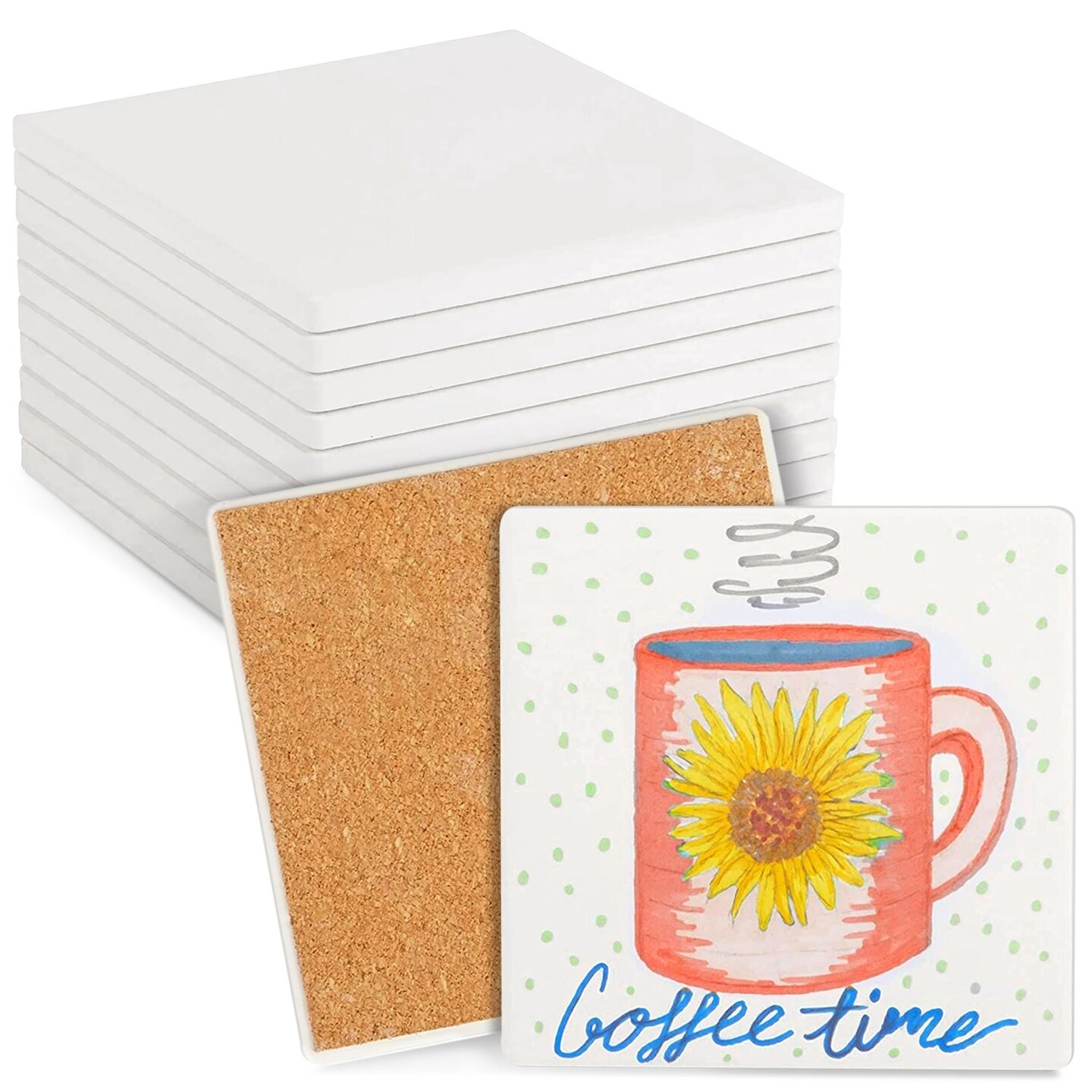 10 Pack White Unglazed Ceramic Tiles For Crafts with Cork Backing Pads for Coasters, DIY Arts and Crafts (4.25 x 4.25 In, Square)