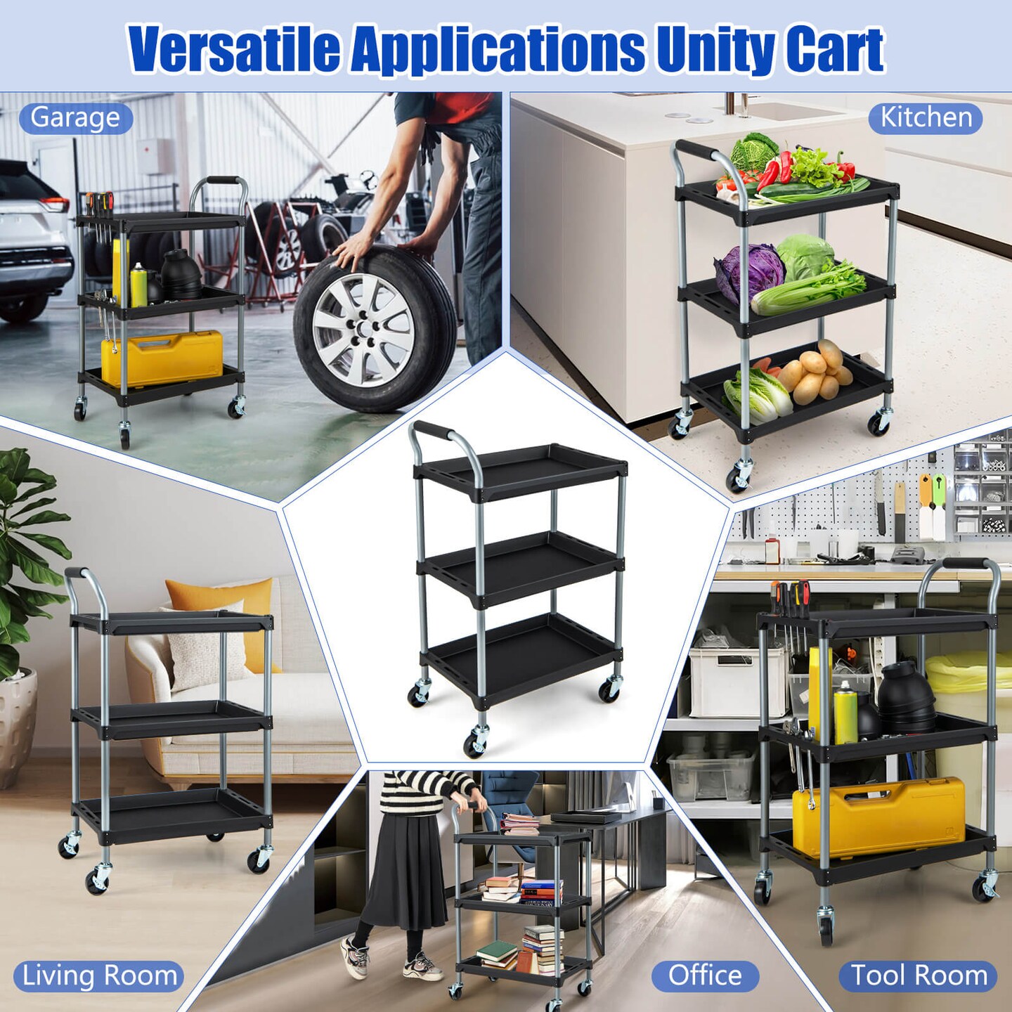 Costway 3 Layer Utility Rolling Tool Cart with Lockable Universal Wheels Ergonomic Handle