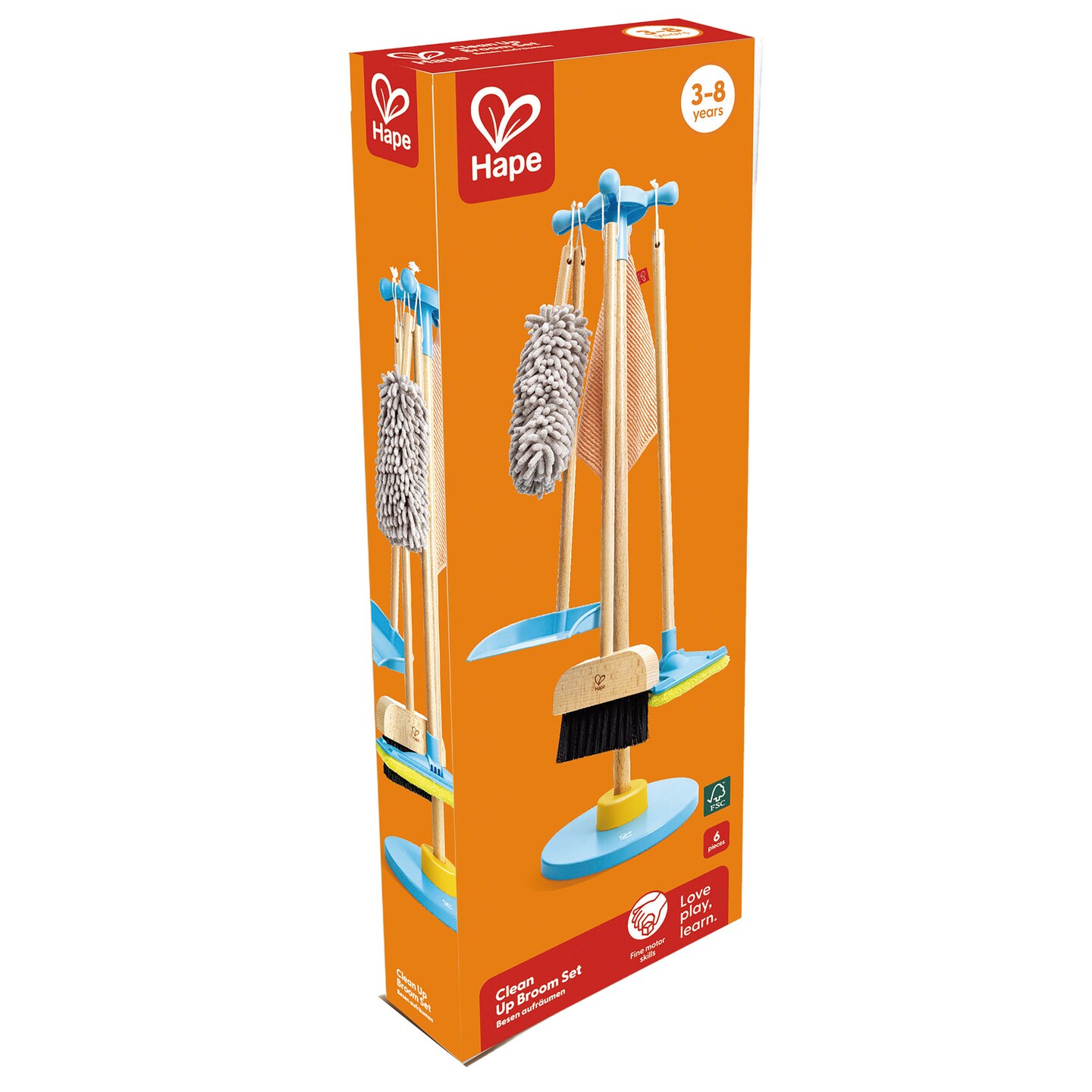 Hape: Clean Up Broom Set - 6pc, Yellow &#x26; Blue, Wooden Cleaning Toy Playset, Stand Holds Broom-Dustpan-Mop-Towel-Duster, Household Pretend Play, Kid 3+