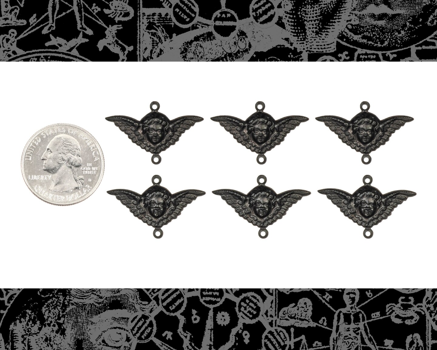 Black Plated Brass Cherub Two Ring Connectors - Set of Six - XXX - BB-2C21
