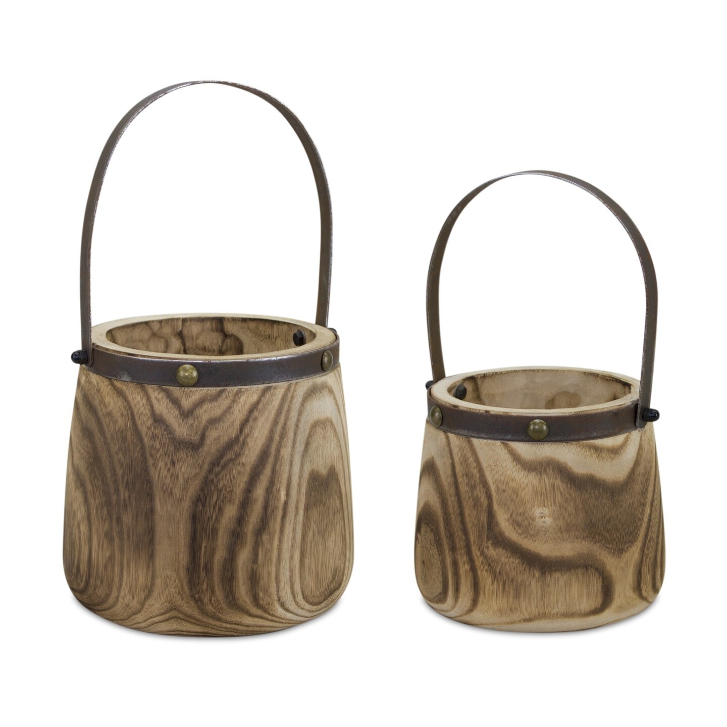 Melrose Wooden and Steel Metal Planters - 14&#x22; - Brown and Gray - Set of 2