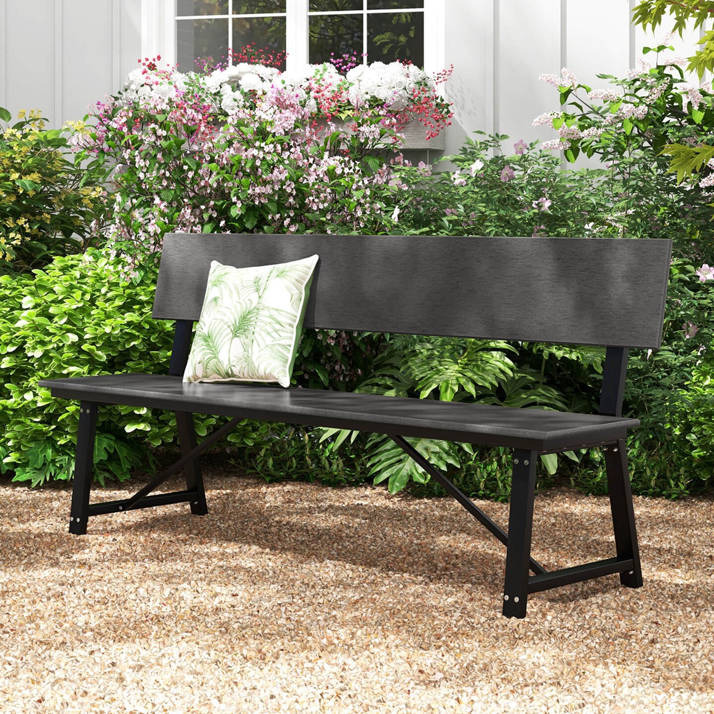 Costway 1/2 PCS 4-Person Bench with All-Weather HDPE Seat &#x26; Back Heavy-Duty Metal Support Grey