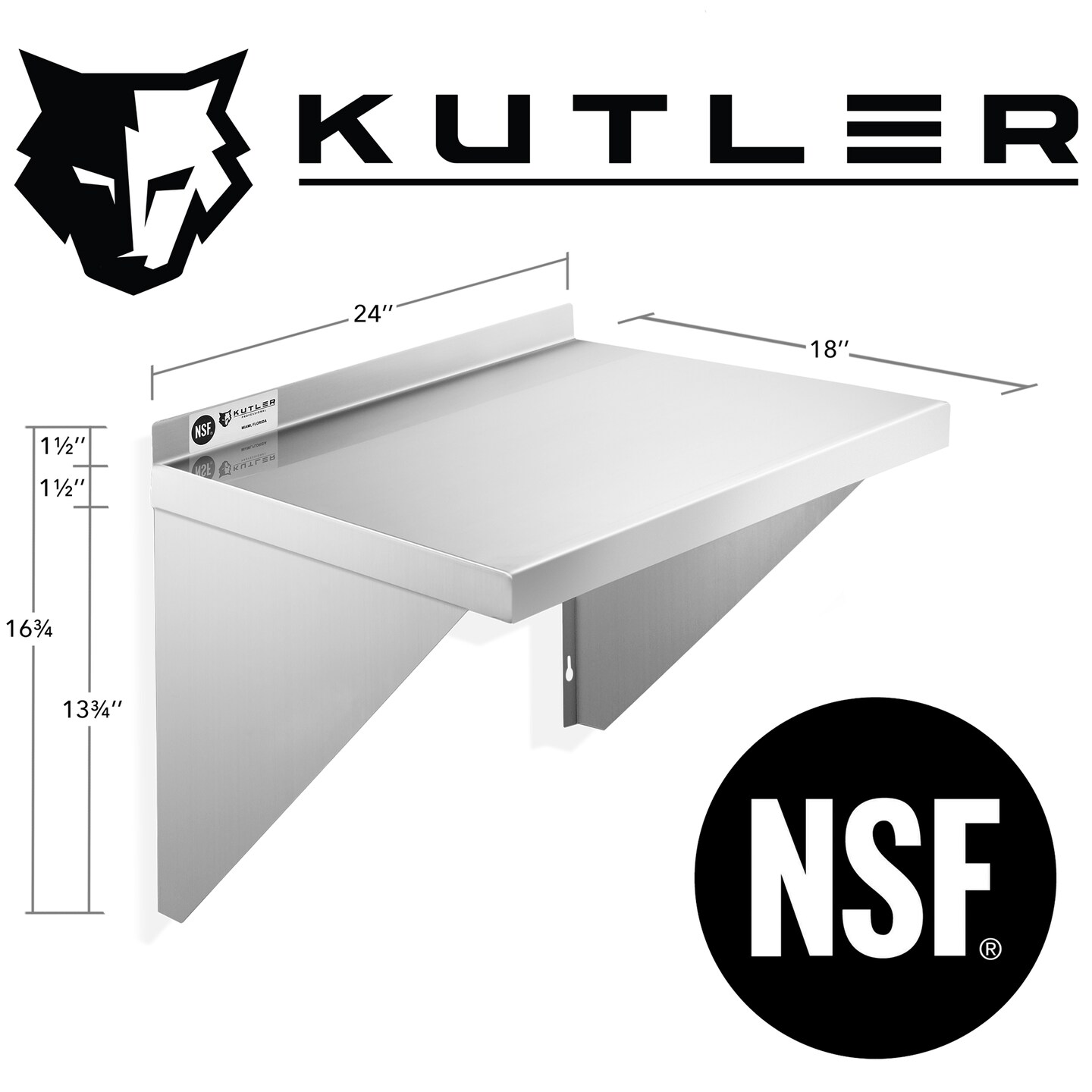 KUTLER Stainless Steel Shelf, NSF Commercial Wall Mount Shelves with Backsplash, Floating Metal Shelving for Restaurant, Kitchen, Home, Garage