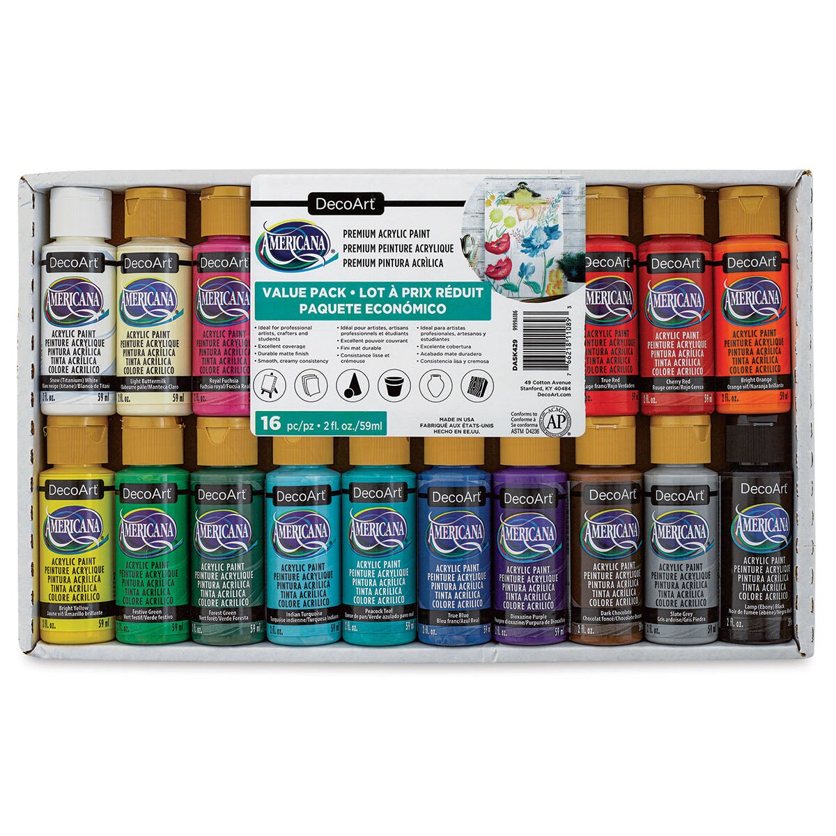 DecoArt Americana Acrylic Paint - Set of 16, Assorted Colors, 2 oz Bottles