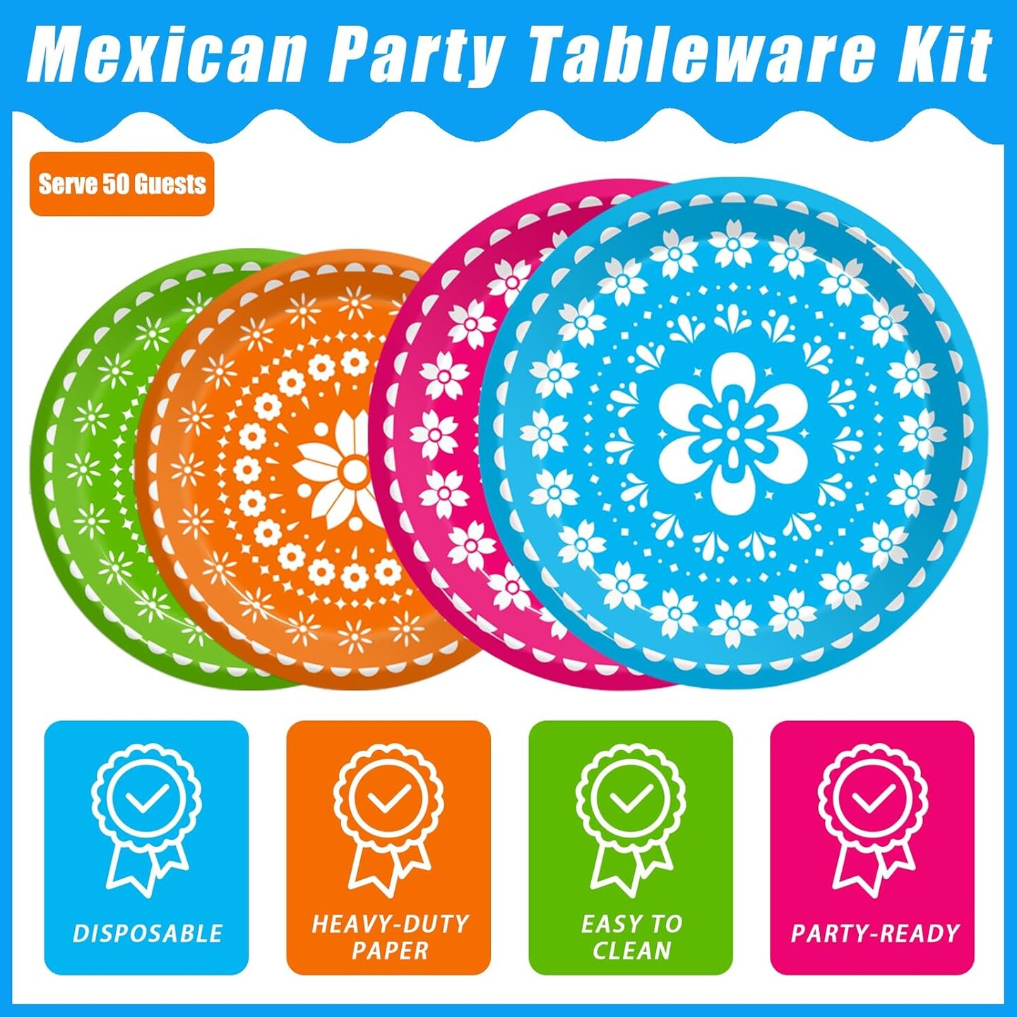 200Pcs Fiesta Party Plates, Mexican Cinco De Mayo Party Decorations Supplies Mexican Papel Picado Disposable Paper Plates Napkins for Taco Carnival Birthday Baby Shower Tableware, Serves 50