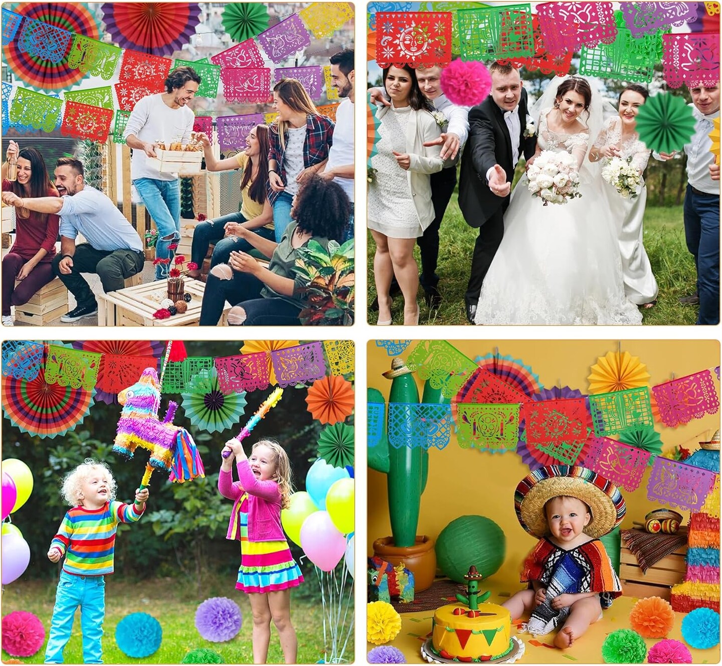 17Pcs Fiesta Party Decorations,Mexican Party Banners,82.5 Feet Plastic Papel Picado,Mexican Party Decorations,Cinco de Mayo Decoration,Dia de los Muertos,Day of the Dead Decor with Paper Fans Pom Poms Flowers