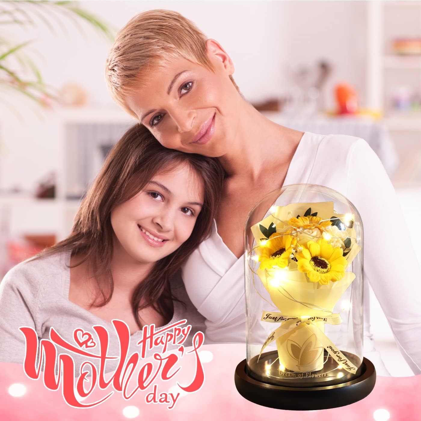 Mothers Day Sunflower Gifts for Mom,Flower Rose in Glass Dome with 2 Lighting Mode,Sunflower Gifts for Her,Artificial Forever Flowers Birthday Gifts for Women Mom Wife Girlfriend