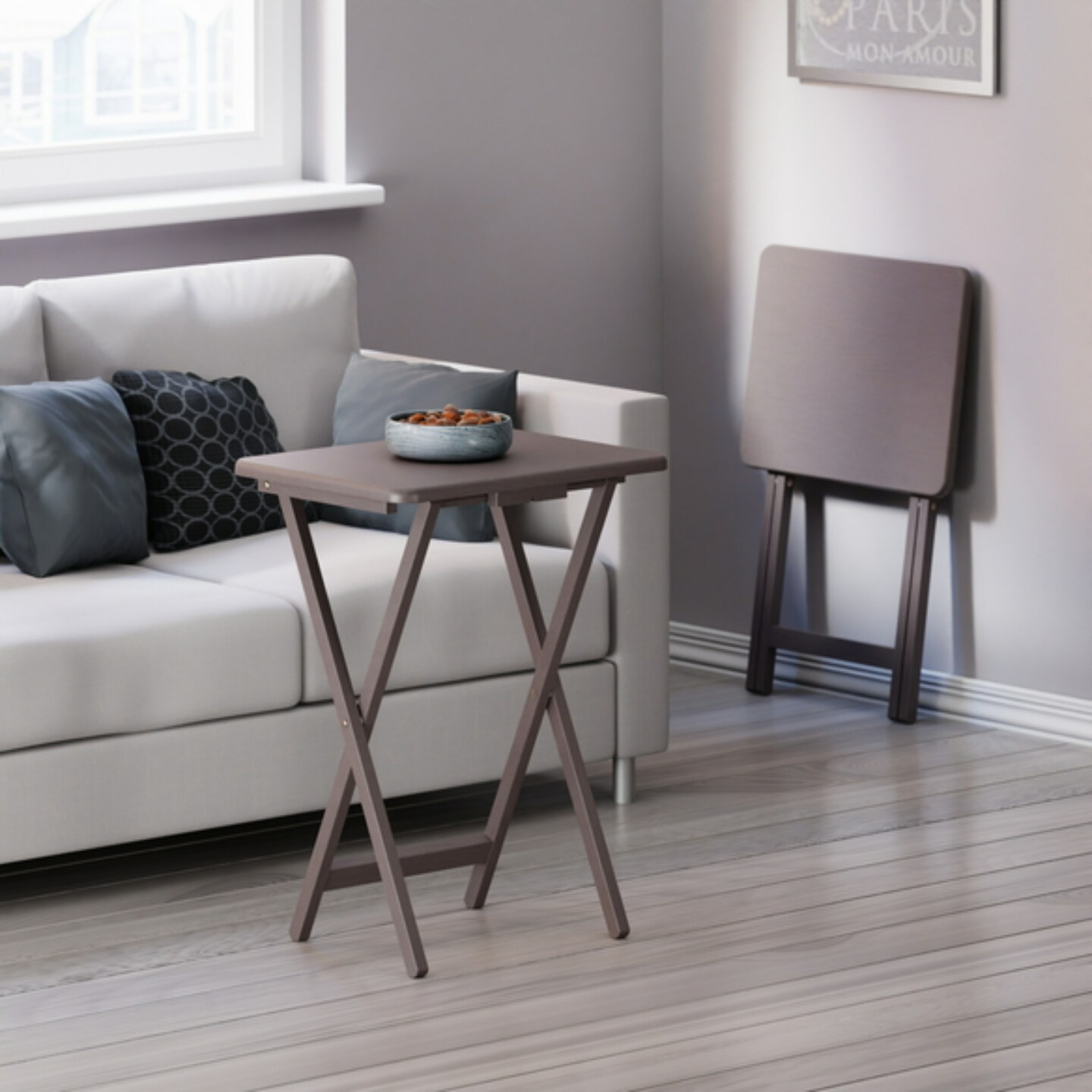 Contemporary Home Living Folding Wooden Snack Tables - 26&#x22; - Oyster Gray - Set of 2