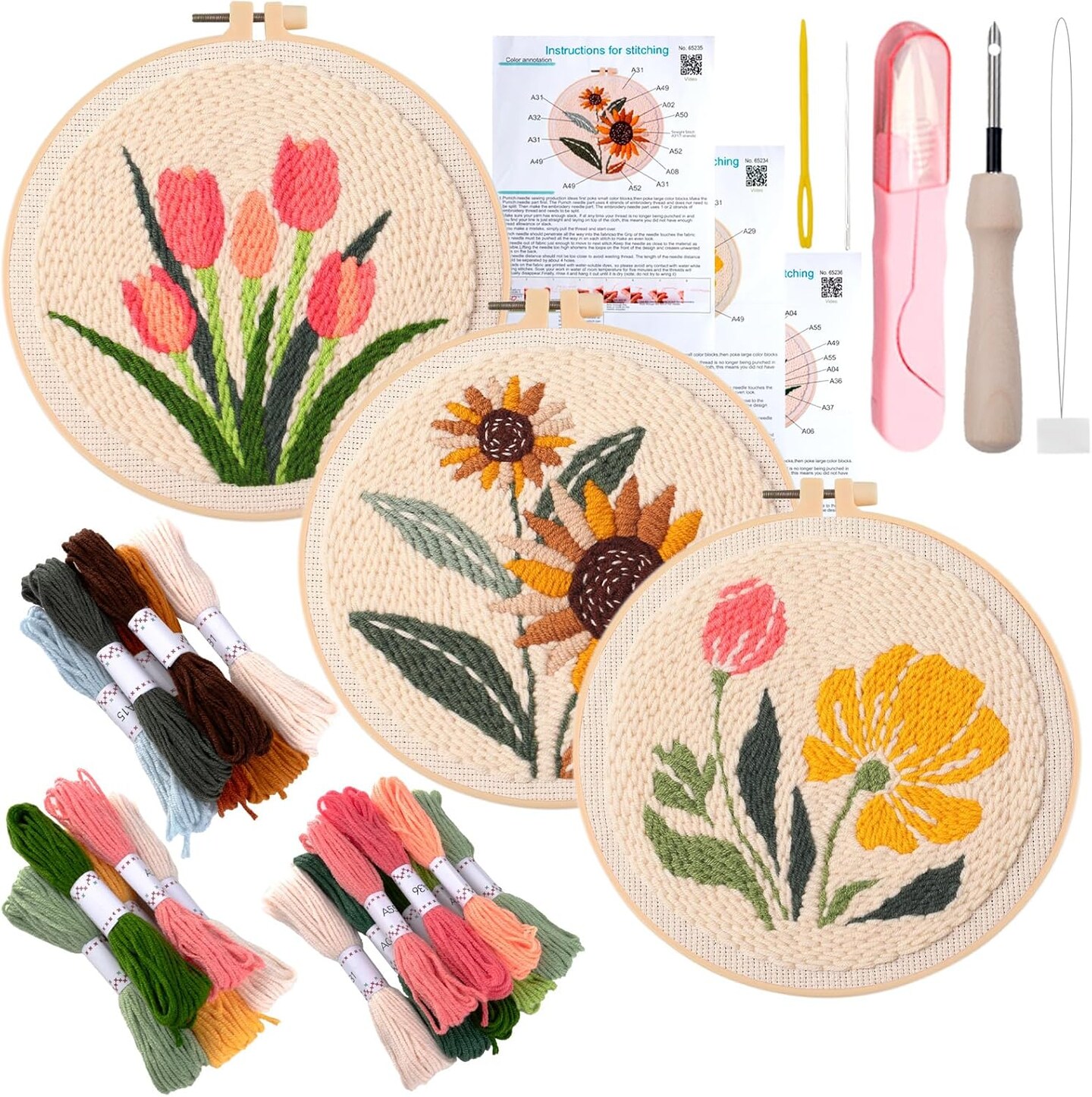Ultimate Punch Needle Kit for Adults – 3 Beginner-Friendly DIY Embroidery Sets with Tools for Home Decor & Gifts (Floral Designs)