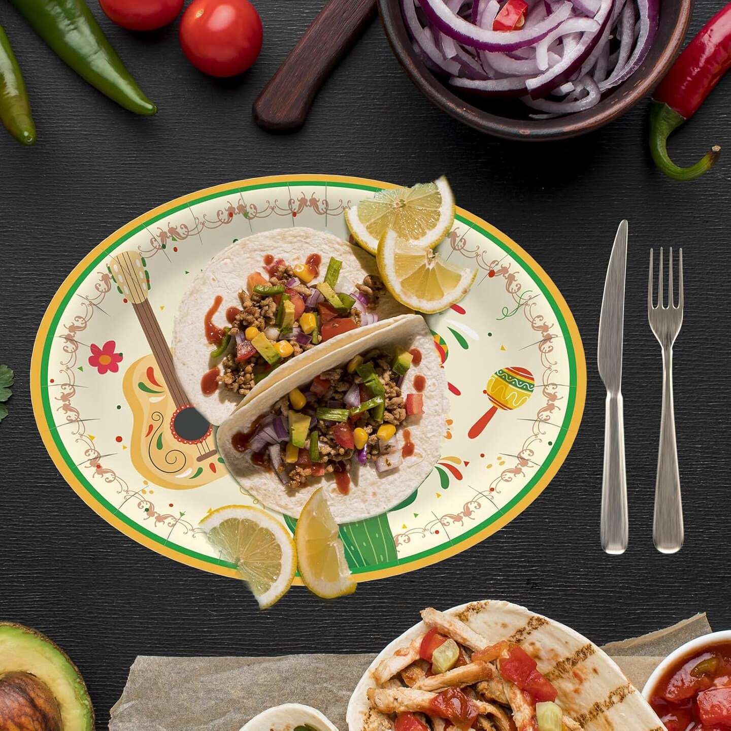 50-Pack Large Fiesta Paper Plates: Cinco de Mayo Disposable Dinnerware for Mexican Party Supplies (Oval, 10 x 12 Inch)