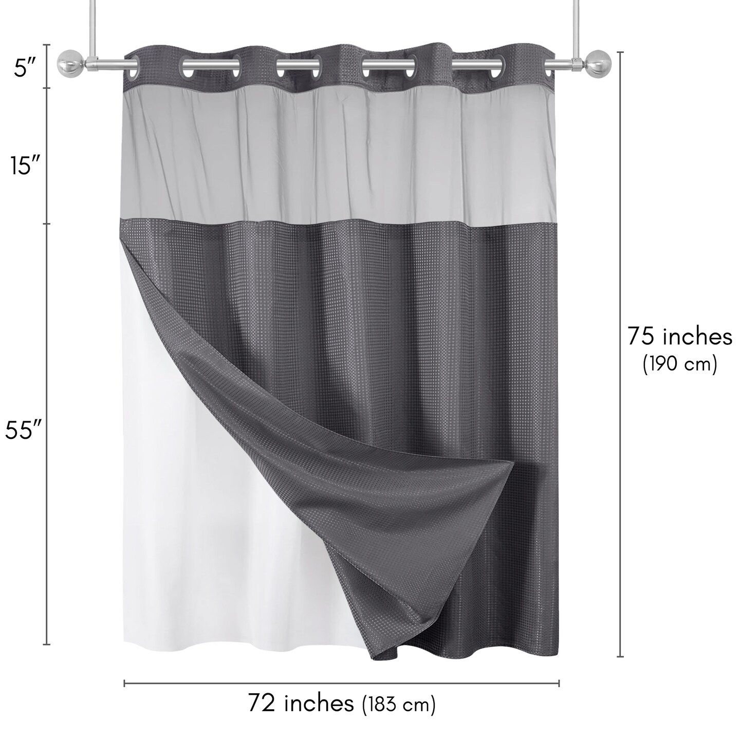 Americanflat 72x75 Hookless Waffle Pattern Shower Curtain - Water-Resistant Long Shower Curtain with Sheer Panel, Snap-In Liner, and Grommets